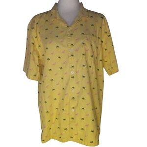 Public Art Yellow Flamingo Palm Tree Print Button Front Camp Shirt Cotton Sz XL